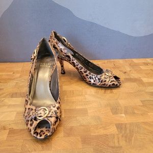 Stuart Weitzman Buckle Leopard Print Patent Leather Peep Toe Heels